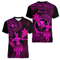 Hawaii Women V Neck T Shirt Hula Girl Mix Polynesian Plumeria Pink Version - Wonder Print Shop