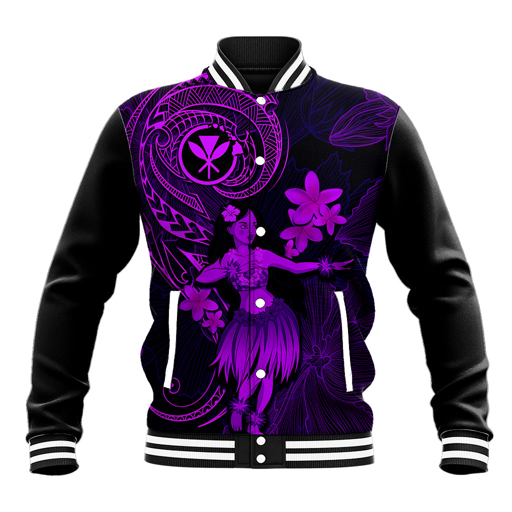 Hawaii Baseball Jacket Hula Girl Mix Polynesian Plumeria Purple Version - Wonder Print Shop