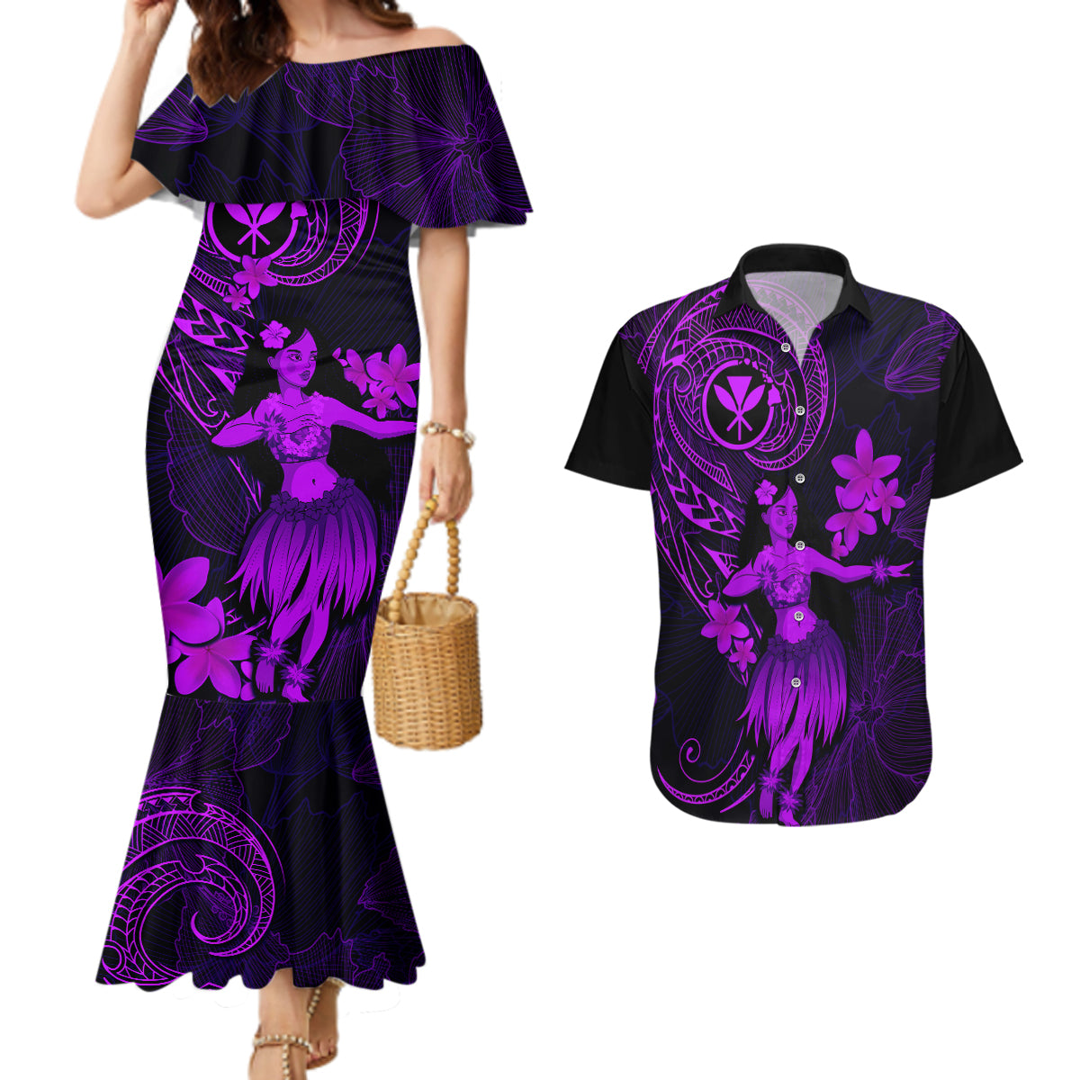 Hawaii Couples Matching Mermaid Dress and Hawaiian Shirt Hula Girl Mix Polynesian Plumeria Purple Version - Wonder Print Shop
