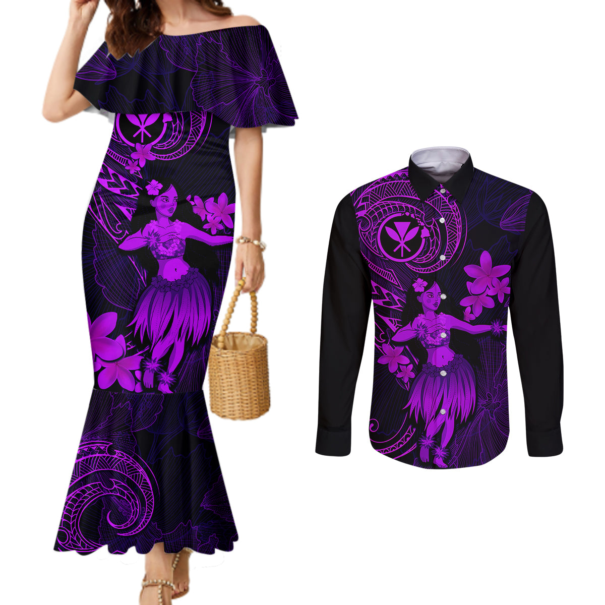 hawaii-couples-matching-mermaid-dress-and-long-sleeve-button-shirts-hula-girl-mix-polynesian-plumeria-purple-version