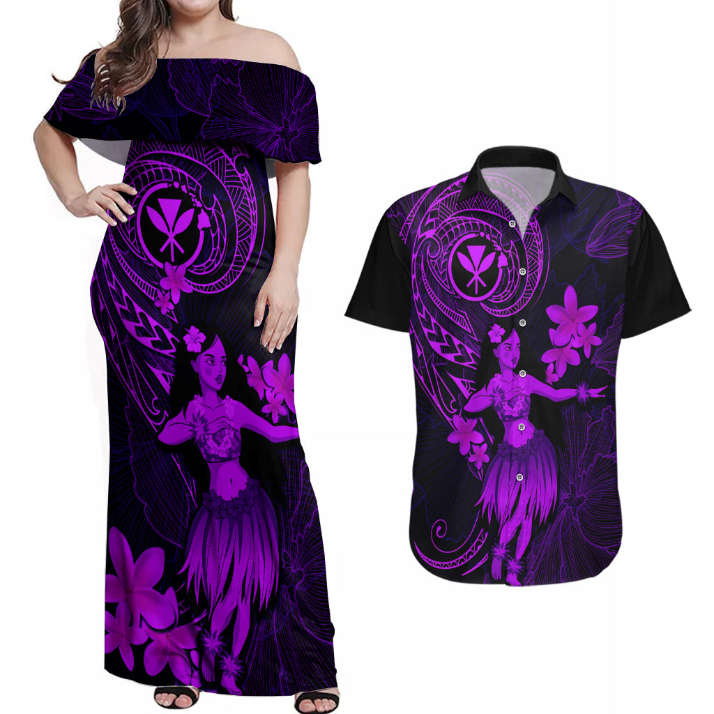 Hawaii Couples Matching Off Shoulder Maxi Dress and Hawaiian Shirt Hula Girl Mix Polynesian Plumeria Purple Version - Wonder Print Shop