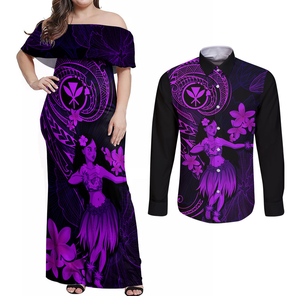 Hawaii Couples Matching Off Shoulder Maxi Dress and Long Sleeve Button Shirts Hula Girl Mix Polynesian Plumeria Purple Version - Wonder Print Shop