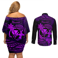 Hawaii Couples Matching Off Shoulder Short Dress and Long Sleeve Button Shirts Hula Girl Mix Polynesian Plumeria Purple Version - Wonder Print Shop