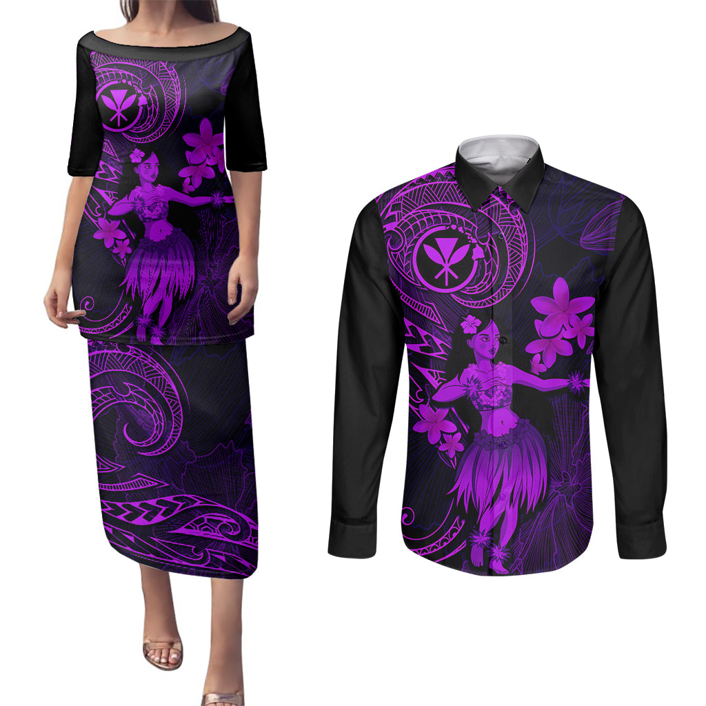 Hawaii Couples Matching Puletasi Dress and Long Sleeve Button Shirts Hula Girl Mix Polynesian Plumeria Purple Version - Wonder Print Shop