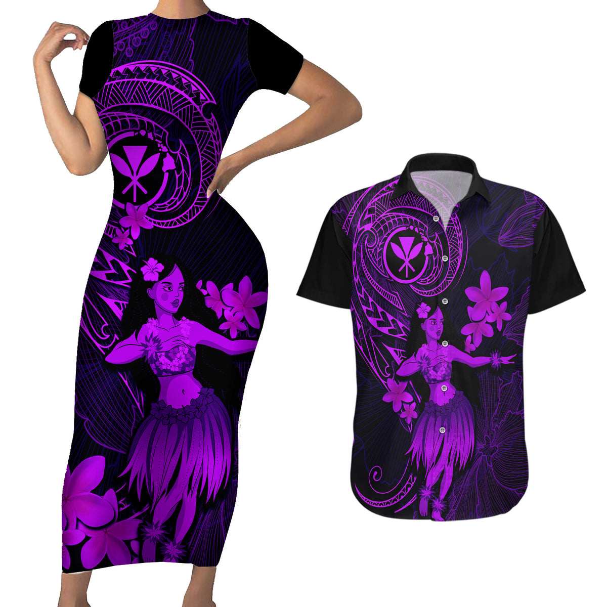 Hawaii Couples Matching Short Sleeve Bodycon Dress and Hawaiian Shirt Hula Girl Mix Polynesian Plumeria Purple Version - Wonder Print Shop