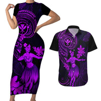 Hawaii Couples Matching Short Sleeve Bodycon Dress and Hawaiian Shirt Hula Girl Mix Polynesian Plumeria Purple Version - Wonder Print Shop