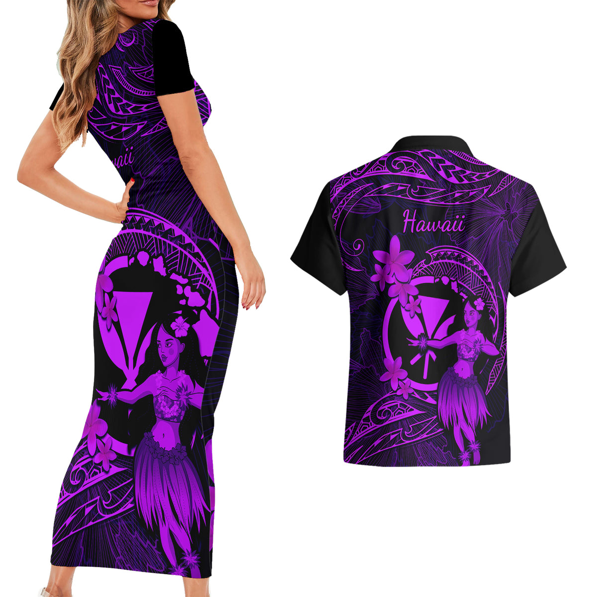 Hawaii Couples Matching Short Sleeve Bodycon Dress and Hawaiian Shirt Hula Girl Mix Polynesian Plumeria Purple Version - Wonder Print Shop
