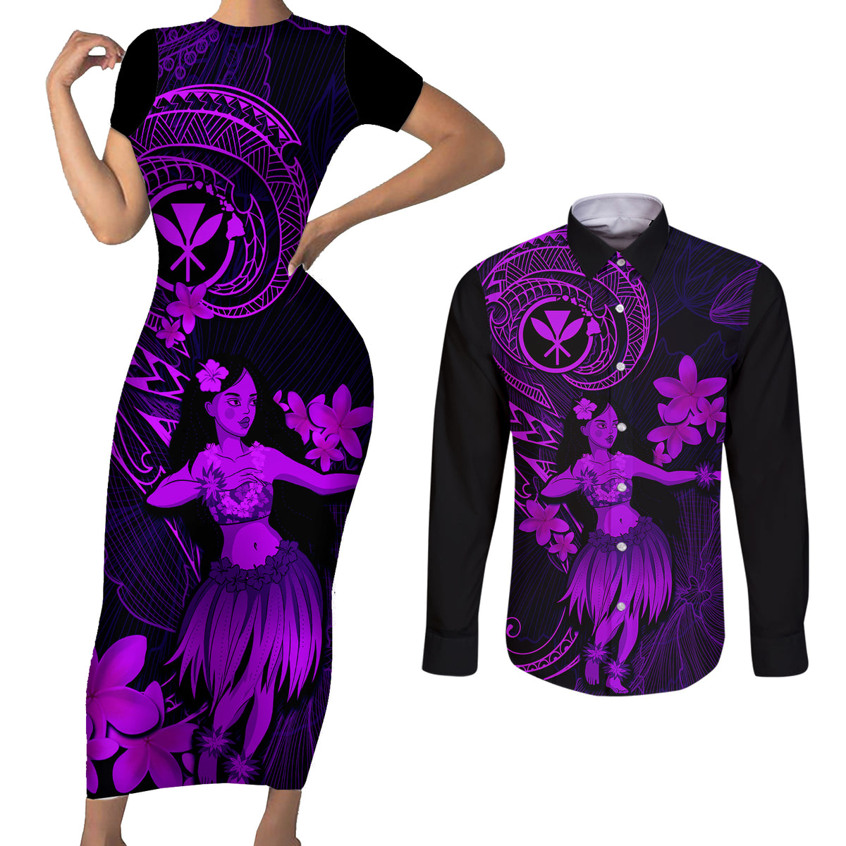 Hawaii Couples Matching Short Sleeve Bodycon Dress and Long Sleeve Button Shirts Hula Girl Mix Polynesian Plumeria Purple Version - Wonder Print Shop