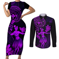 Hawaii Couples Matching Short Sleeve Bodycon Dress and Long Sleeve Button Shirts Hula Girl Mix Polynesian Plumeria Purple Version - Wonder Print Shop