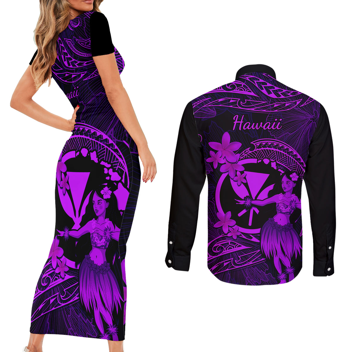 Hawaii Couples Matching Short Sleeve Bodycon Dress and Long Sleeve Button Shirts Hula Girl Mix Polynesian Plumeria Purple Version - Wonder Print Shop