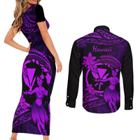 Hawaii Couples Matching Short Sleeve Bodycon Dress and Long Sleeve Button Shirts Hula Girl Mix Polynesian Plumeria Purple Version - Wonder Print Shop