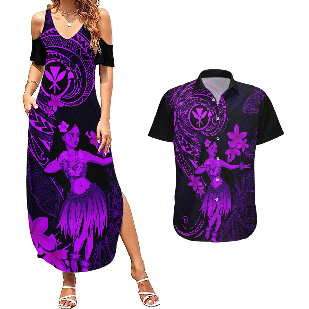 Hawaii Couples Matching Summer Maxi Dress and Hawaiian Shirt Hula Girl Mix Polynesian Plumeria Purple Version - Wonder Print Shop