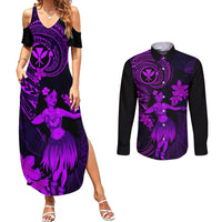 Hawaii Couples Matching Summer Maxi Dress and Long Sleeve Button Shirts Hula Girl Mix Polynesian Plumeria Purple Version - Wonder Print Shop