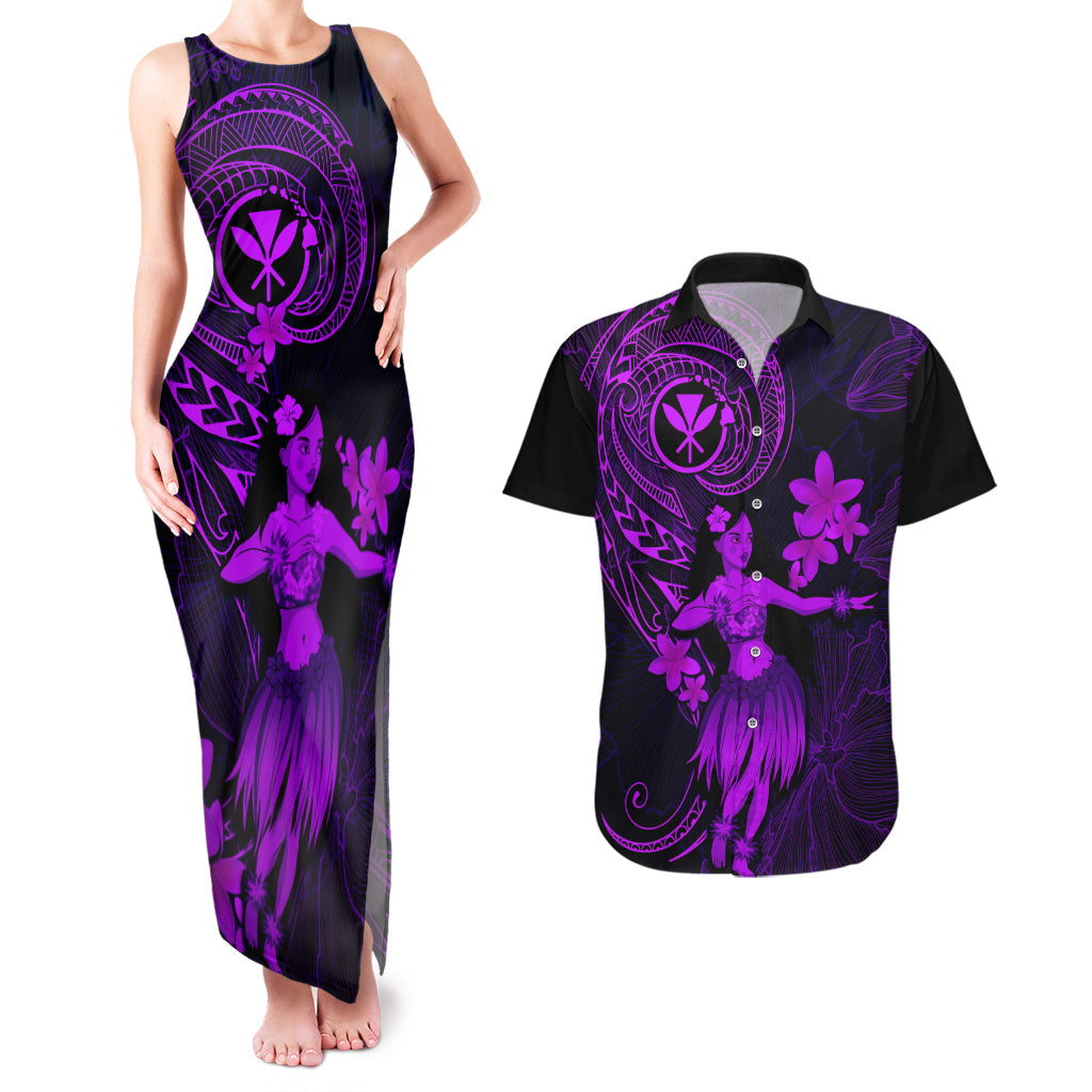 Hawaii Couples Matching Tank Maxi Dress and Hawaiian Shirt Hula Girl Mix Polynesian Plumeria Purple Version - Wonder Print Shop