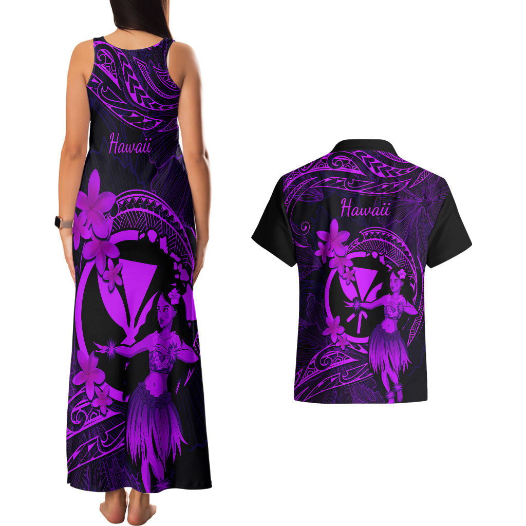 Hawaii Couples Matching Tank Maxi Dress and Hawaiian Shirt Hula Girl Mix Polynesian Plumeria Purple Version - Wonder Print Shop
