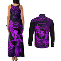 Hawaii Couples Matching Tank Maxi Dress and Long Sleeve Button Shirts Hula Girl Mix Polynesian Plumeria Purple Version - Wonder Print Shop