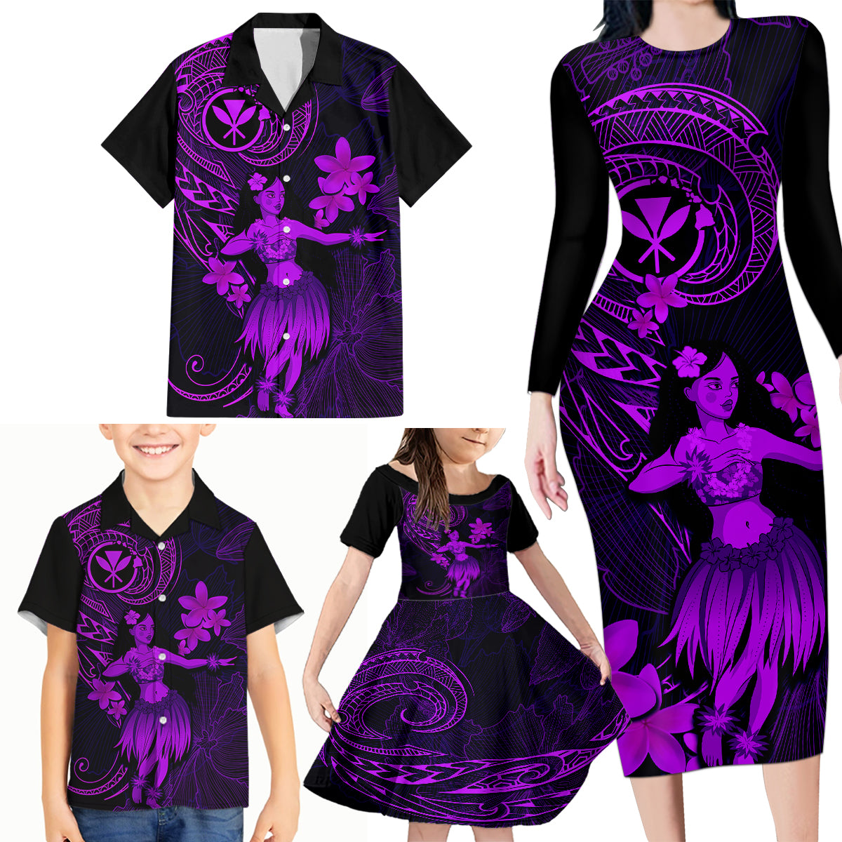 Hawaii Family Matching Long Sleeve Bodycon Dress and Hawaiian Shirt Hula Girl Mix Polynesian Plumeria Purple Version - Wonder Print Shop