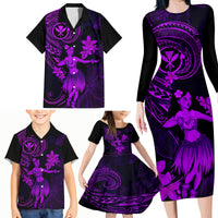 Hawaii Family Matching Long Sleeve Bodycon Dress and Hawaiian Shirt Hula Girl Mix Polynesian Plumeria Purple Version - Wonder Print Shop