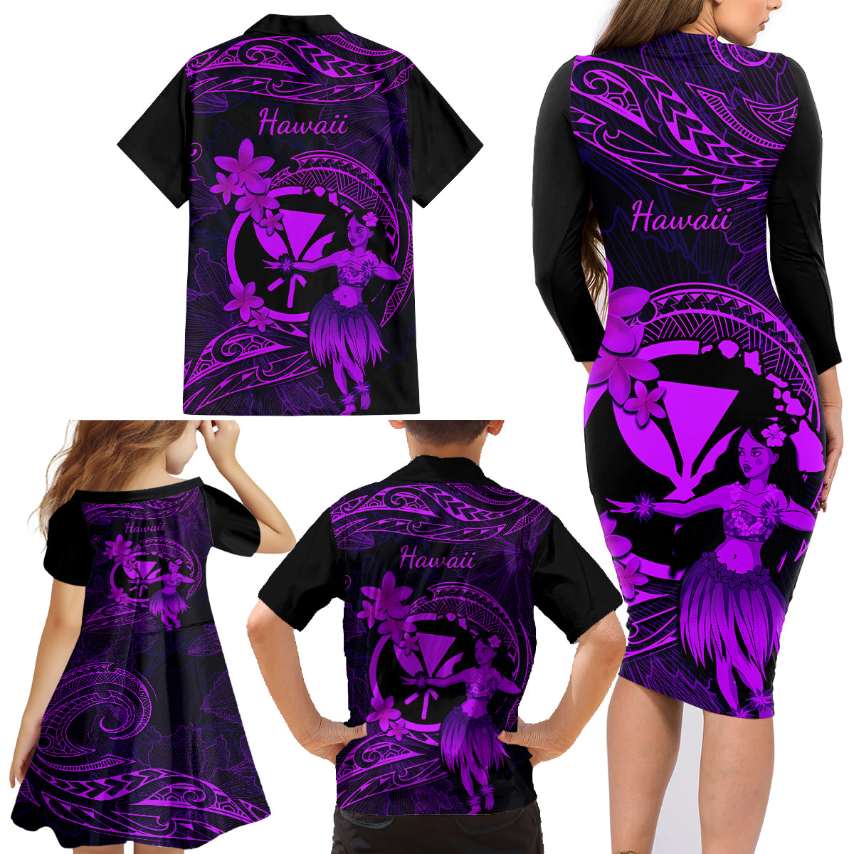 Hawaii Family Matching Long Sleeve Bodycon Dress and Hawaiian Shirt Hula Girl Mix Polynesian Plumeria Purple Version - Wonder Print Shop