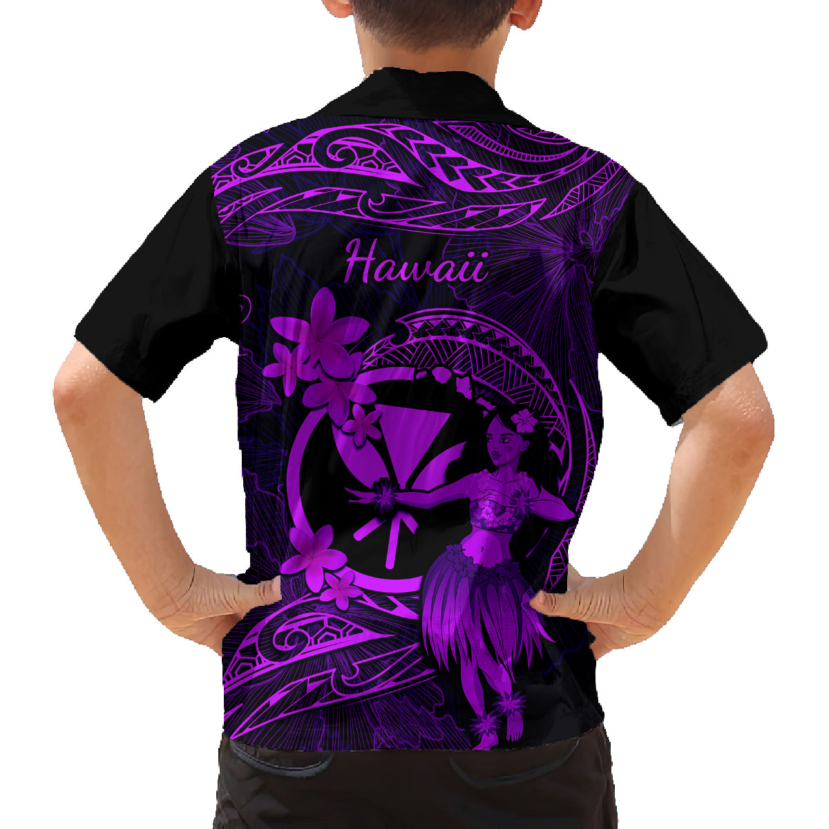 Hawaii Family Matching Off Shoulder Maxi Dress and Hawaiian Shirt Hula Girl Mix Polynesian Plumeria Purple Version - Wonder Print Shop