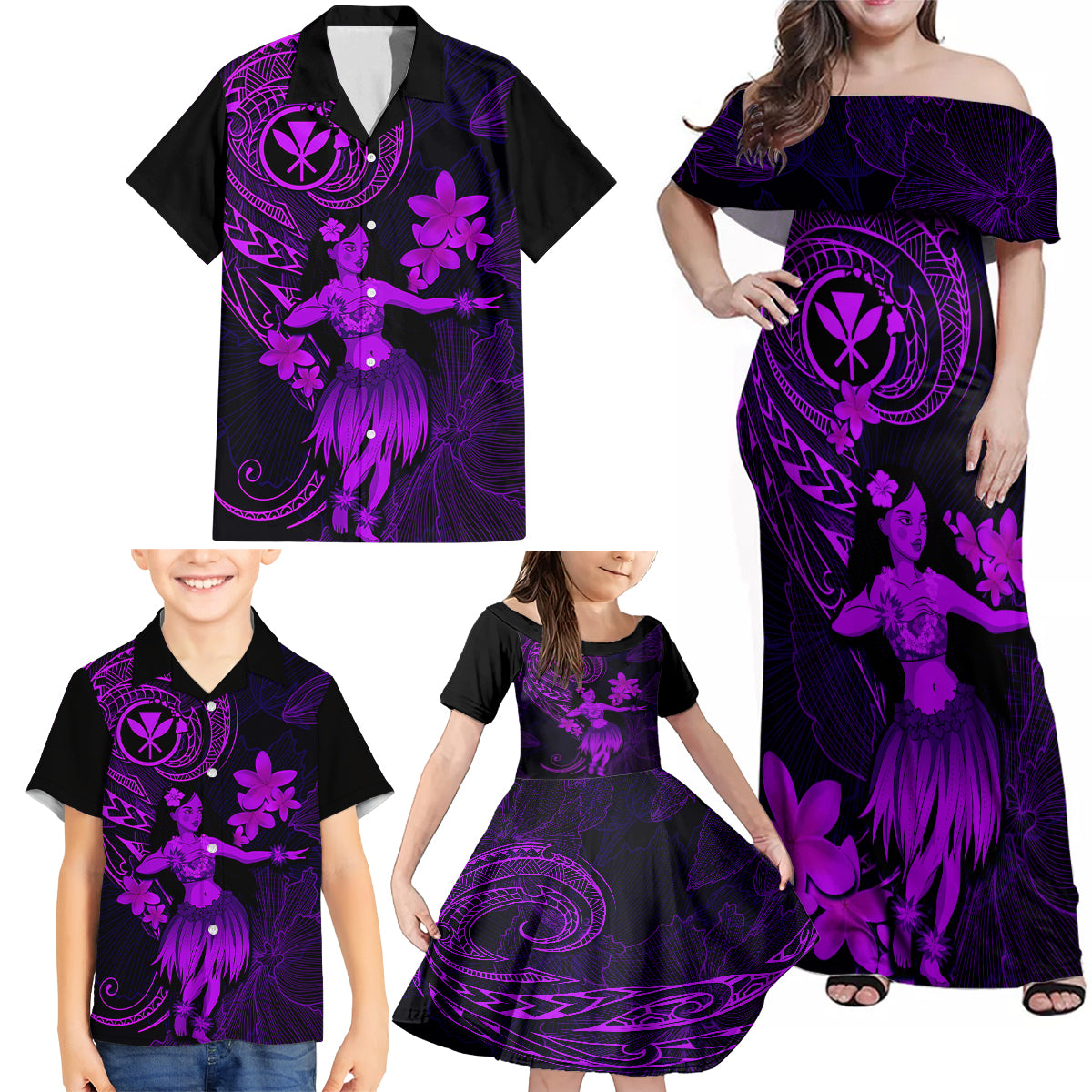Hawaii Family Matching Off Shoulder Maxi Dress and Hawaiian Shirt Hula Girl Mix Polynesian Plumeria Purple Version - Wonder Print Shop