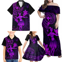 Hawaii Family Matching Off Shoulder Maxi Dress and Hawaiian Shirt Hula Girl Mix Polynesian Plumeria Purple Version - Wonder Print Shop