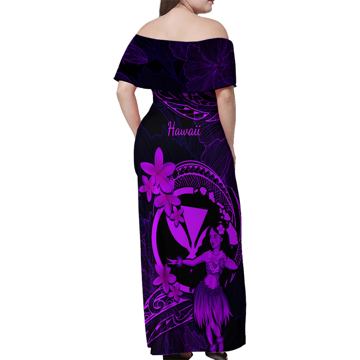 Hawaii Family Matching Off Shoulder Maxi Dress and Hawaiian Shirt Hula Girl Mix Polynesian Plumeria Purple Version - Wonder Print Shop