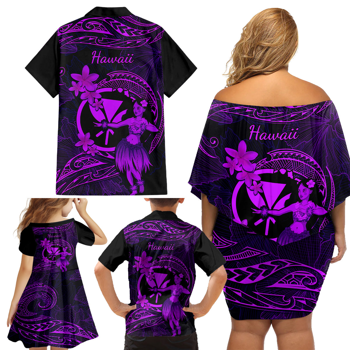 Hawaii Family Matching Off Shoulder Short Dress and Hawaiian Shirt Hula Girl Mix Polynesian Plumeria Purple Version - Wonder Print Shop