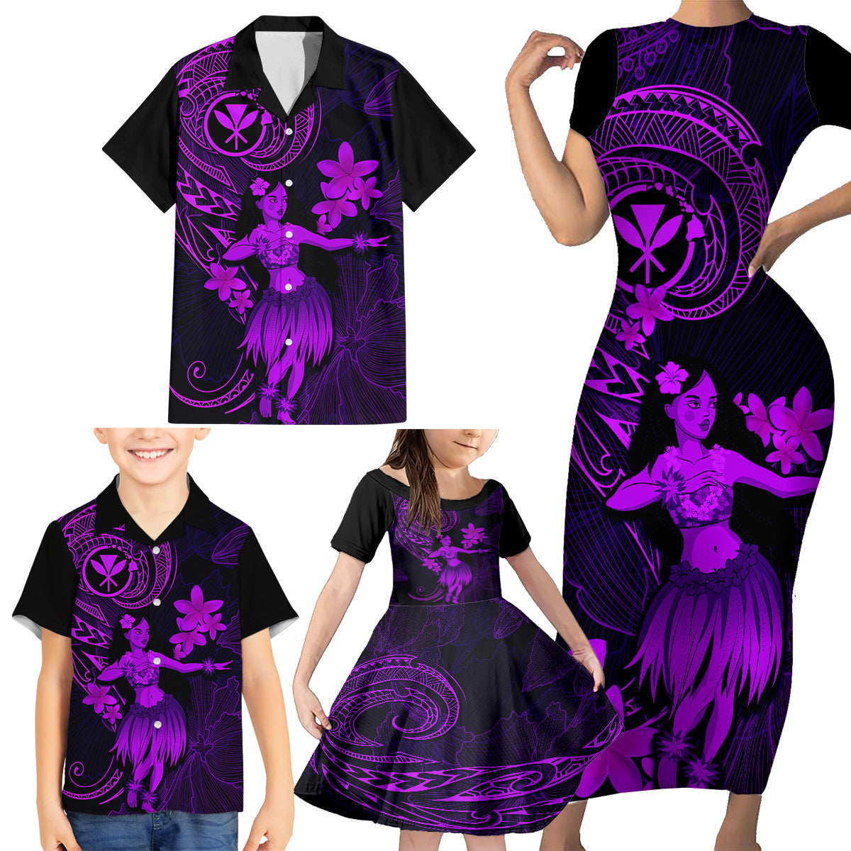 Hawaii Family Matching Short Sleeve Bodycon Dress and Hawaiian Shirt Hula Girl Mix Polynesian Plumeria Purple Version - Wonder Print Shop