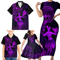 Hawaii Family Matching Short Sleeve Bodycon Dress and Hawaiian Shirt Hula Girl Mix Polynesian Plumeria Purple Version - Wonder Print Shop