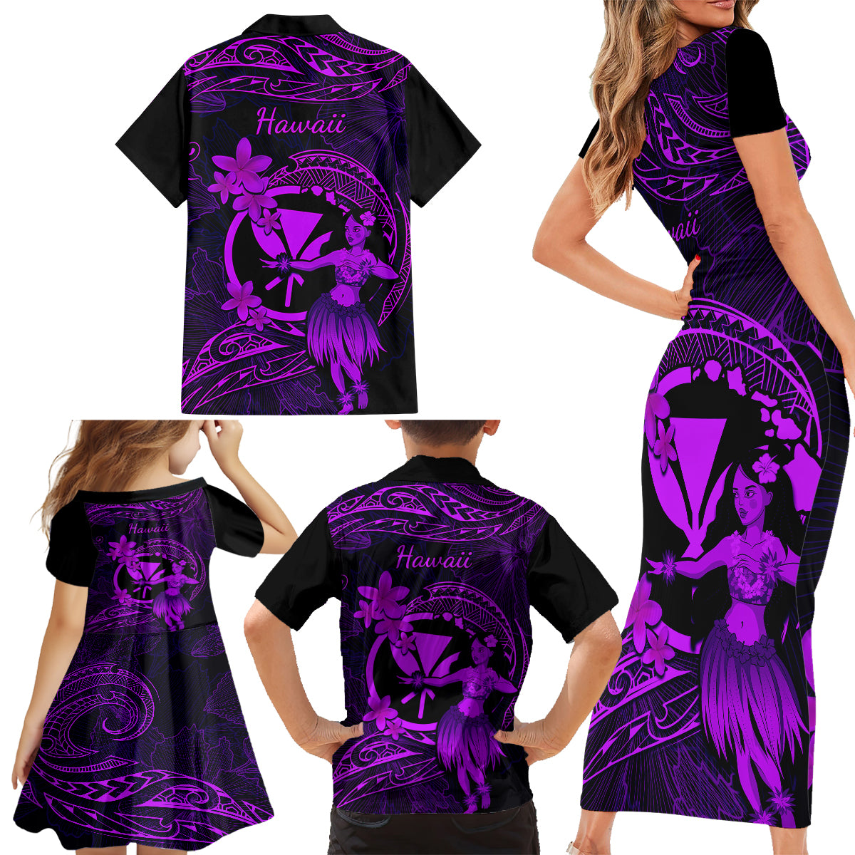 Hawaii Family Matching Short Sleeve Bodycon Dress and Hawaiian Shirt Hula Girl Mix Polynesian Plumeria Purple Version - Wonder Print Shop