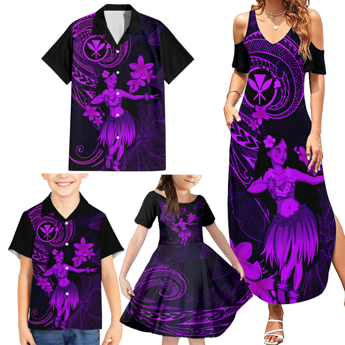 Hawaii Family Matching Summer Maxi Dress and Hawaiian Shirt Hula Girl Mix Polynesian Plumeria Purple Version - Wonder Print Shop