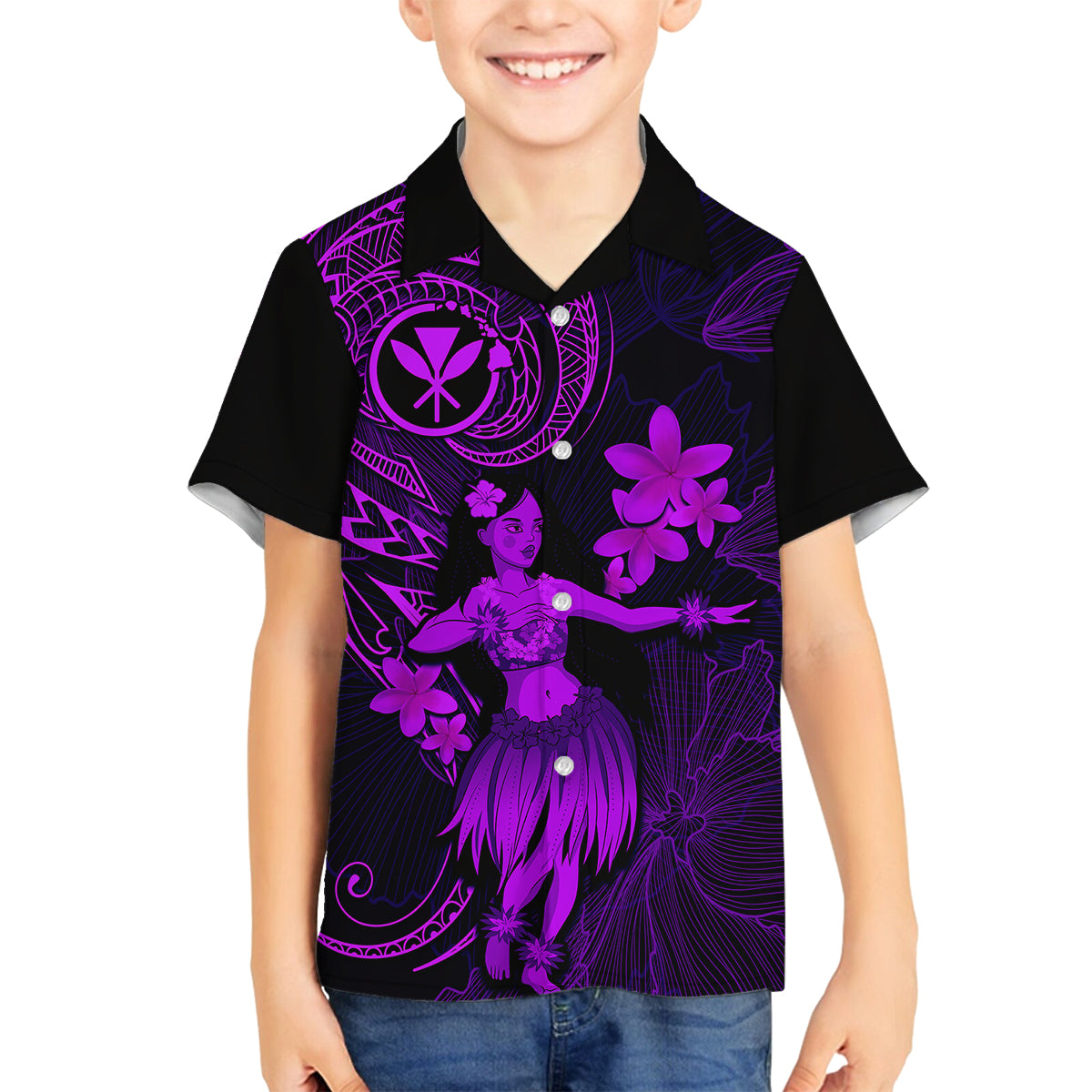 Hawaii Family Matching Tank Maxi Dress and Hawaiian Shirt Hula Girl Mix Polynesian Plumeria Purple Version - Wonder Print Shop