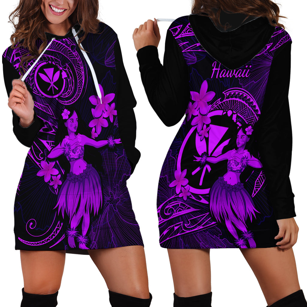 Hawaii Hoodie Dress Hula Girl Mix Polynesian Plumeria Purple Version - Wonder Print Shop
