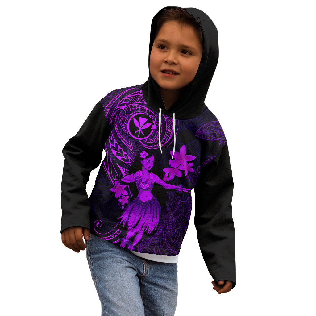 Hawaii Kid Hoodie Hula Girl Mix Polynesian Plumeria Purple Version - Wonder Print Shop