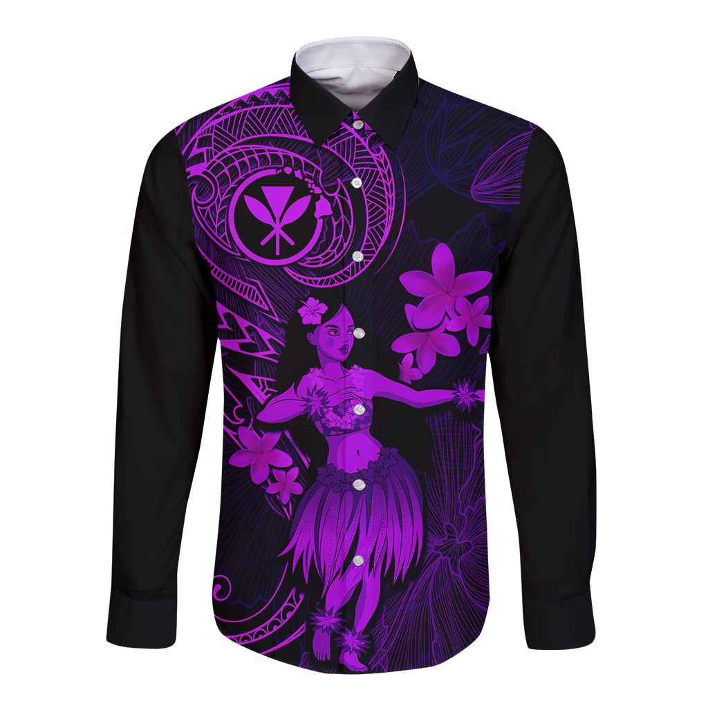 Hawaii Long Sleeve Button Shirt Hula Girl Mix Polynesian Plumeria Purple Version - Wonder Print Shop