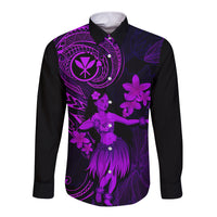 Hawaii Long Sleeve Button Shirt Hula Girl Mix Polynesian Plumeria Purple Version - Wonder Print Shop