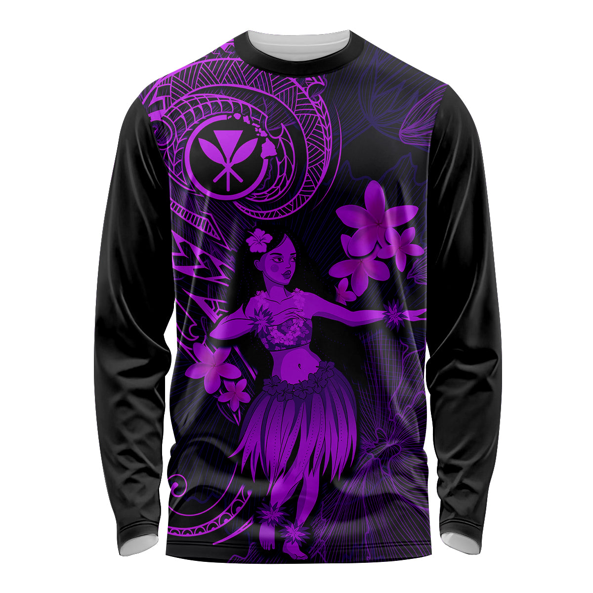 Hawaii Long Sleeve Shirt Hula Girl Mix Polynesian Plumeria Purple Version - Wonder Print Shop