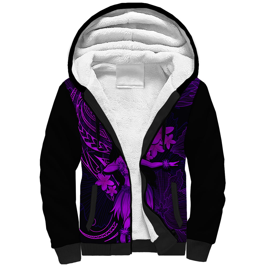 Hawaii Sherpa Hoodie Hula Girl Mix Polynesian Plumeria Purple Version - Wonder Print Shop