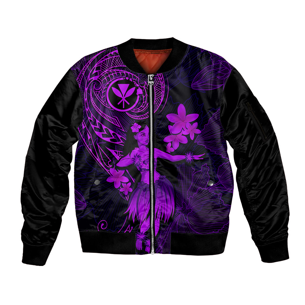 Hawaii Sleeve Zip Bomber Jacket Hula Girl Mix Polynesian Plumeria Purple Version - Wonder Print Shop