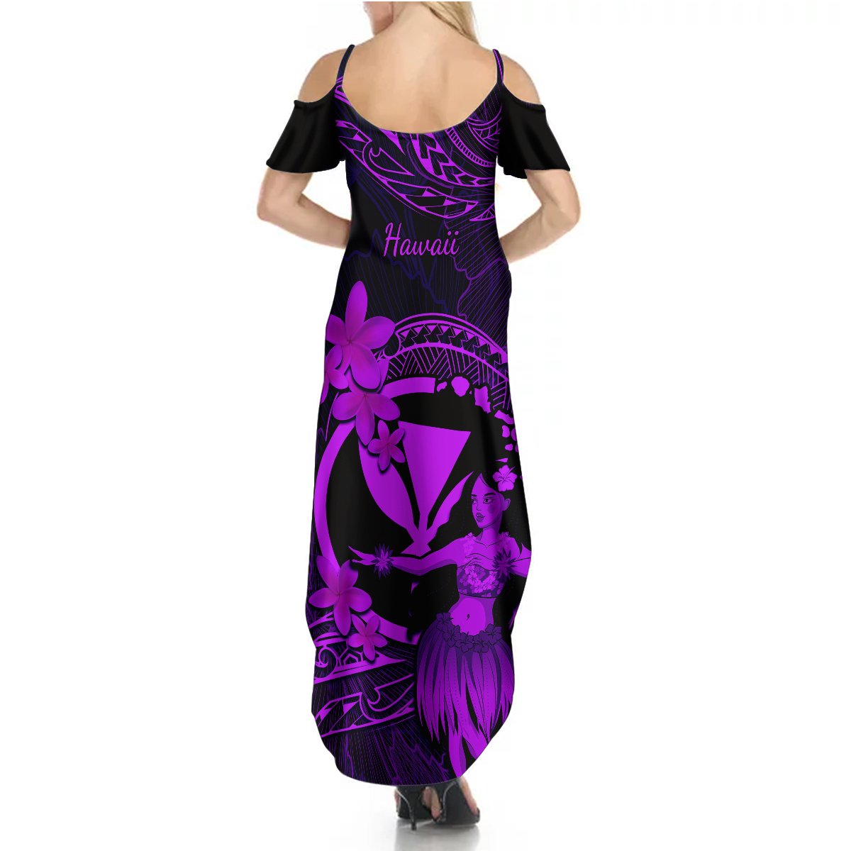 Hawaii Summer Maxi Dress Hula Girl Mix Polynesian Plumeria Purple Version - Wonder Print Shop