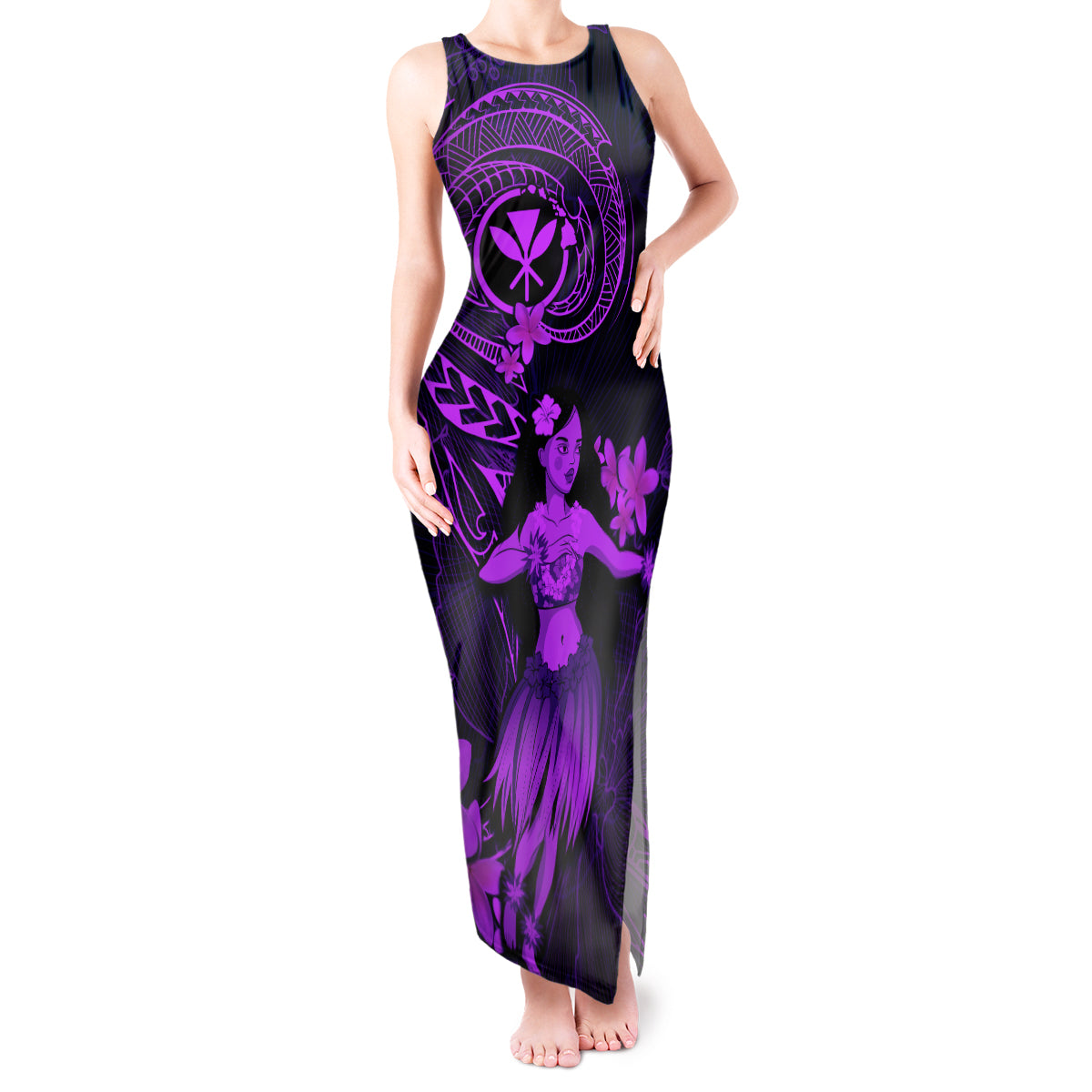 Hawaii Tank Maxi Dress Hula Girl Mix Polynesian Plumeria Purple Version - Wonder Print Shop