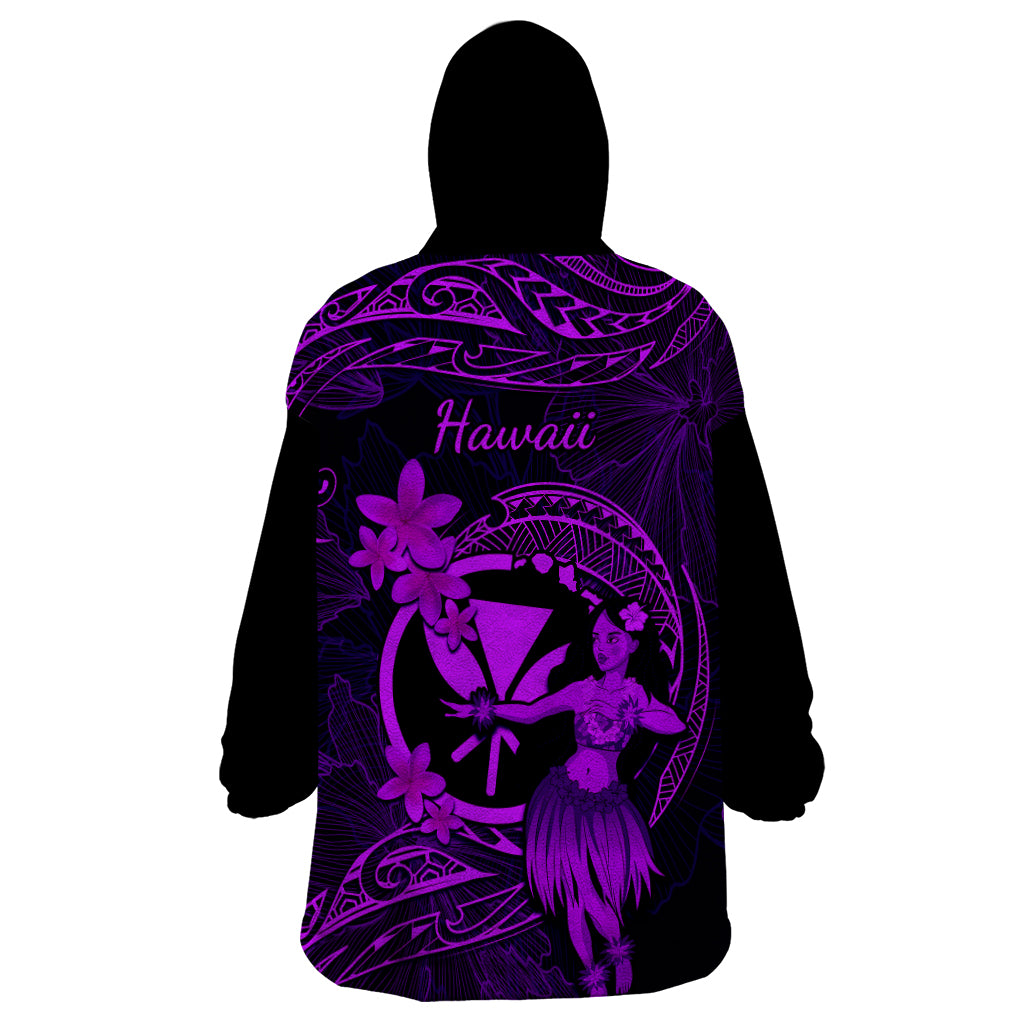 Hawaii Wearable Blanket Hoodie Hula Girl Mix Polynesian Plumeria Purple Version - Wonder Print Shop