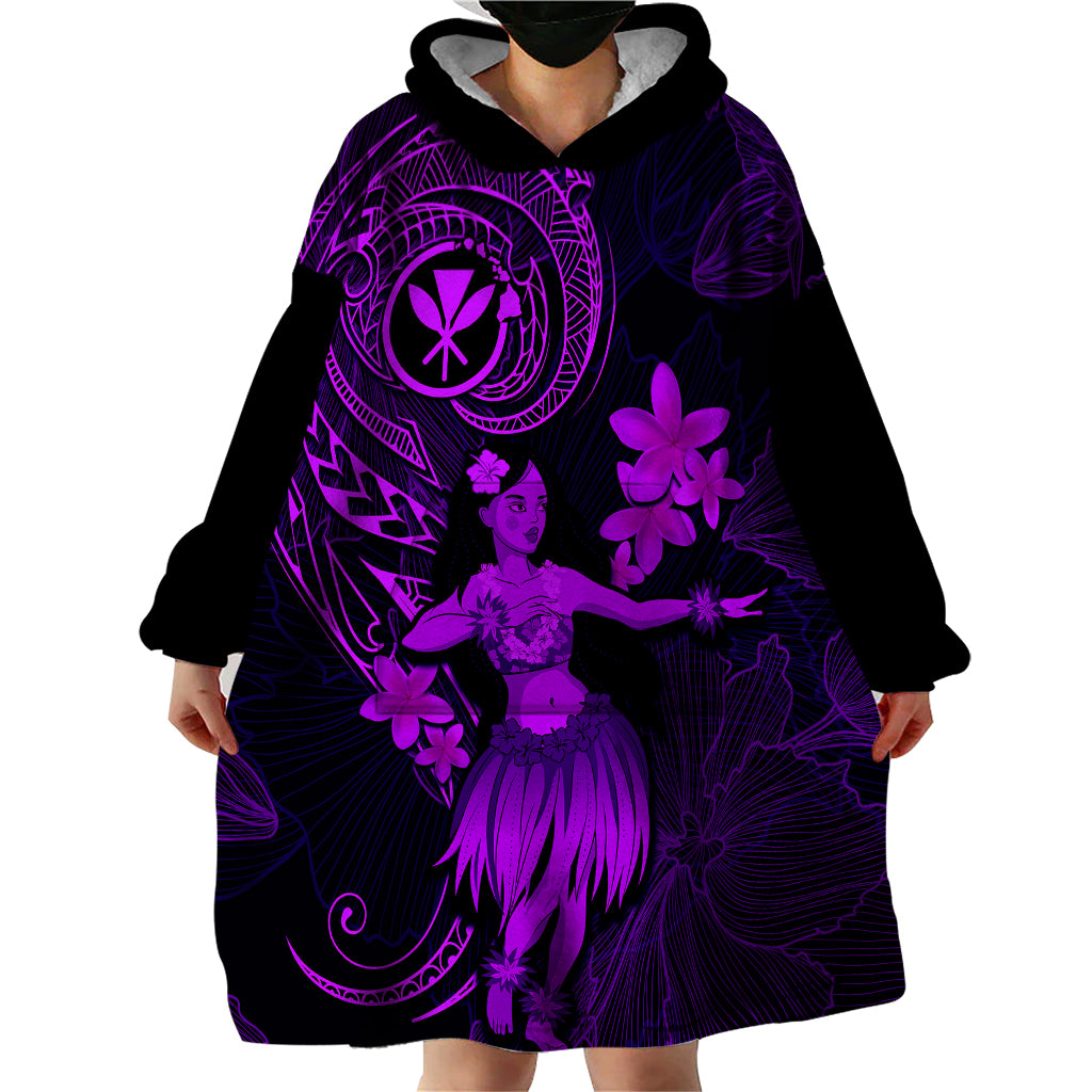 Hawaii Wearable Blanket Hoodie Hula Girl Mix Polynesian Plumeria Purple Version - Wonder Print Shop