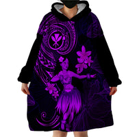 Hawaii Wearable Blanket Hoodie Hula Girl Mix Polynesian Plumeria Purple Version - Wonder Print Shop
