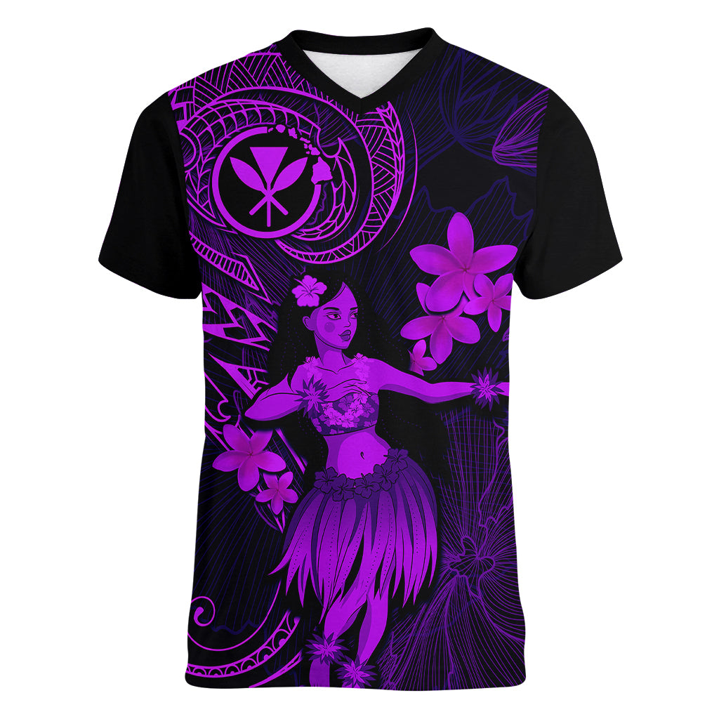 Hawaii Women V Neck T Shirt Hula Girl Mix Polynesian Plumeria Purple Version - Wonder Print Shop