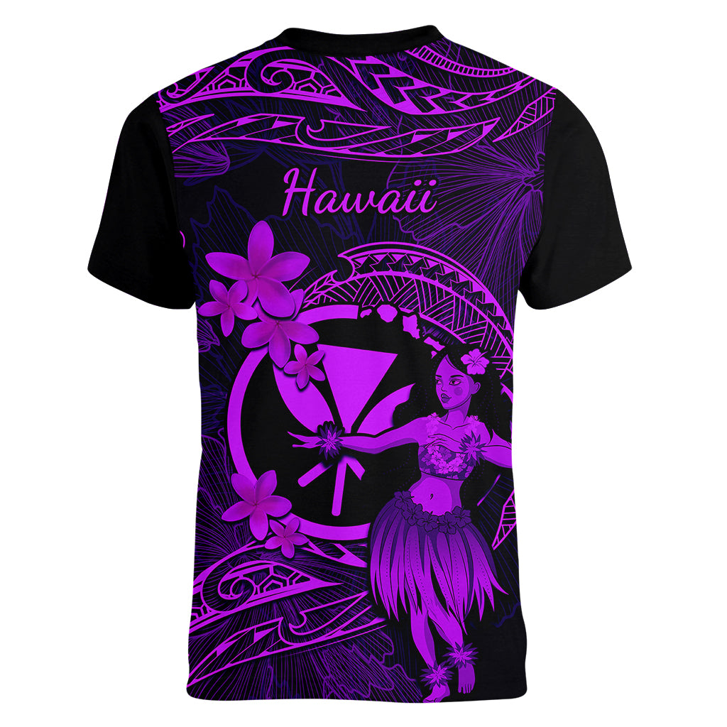 Hawaii Women V Neck T Shirt Hula Girl Mix Polynesian Plumeria Purple Version - Wonder Print Shop