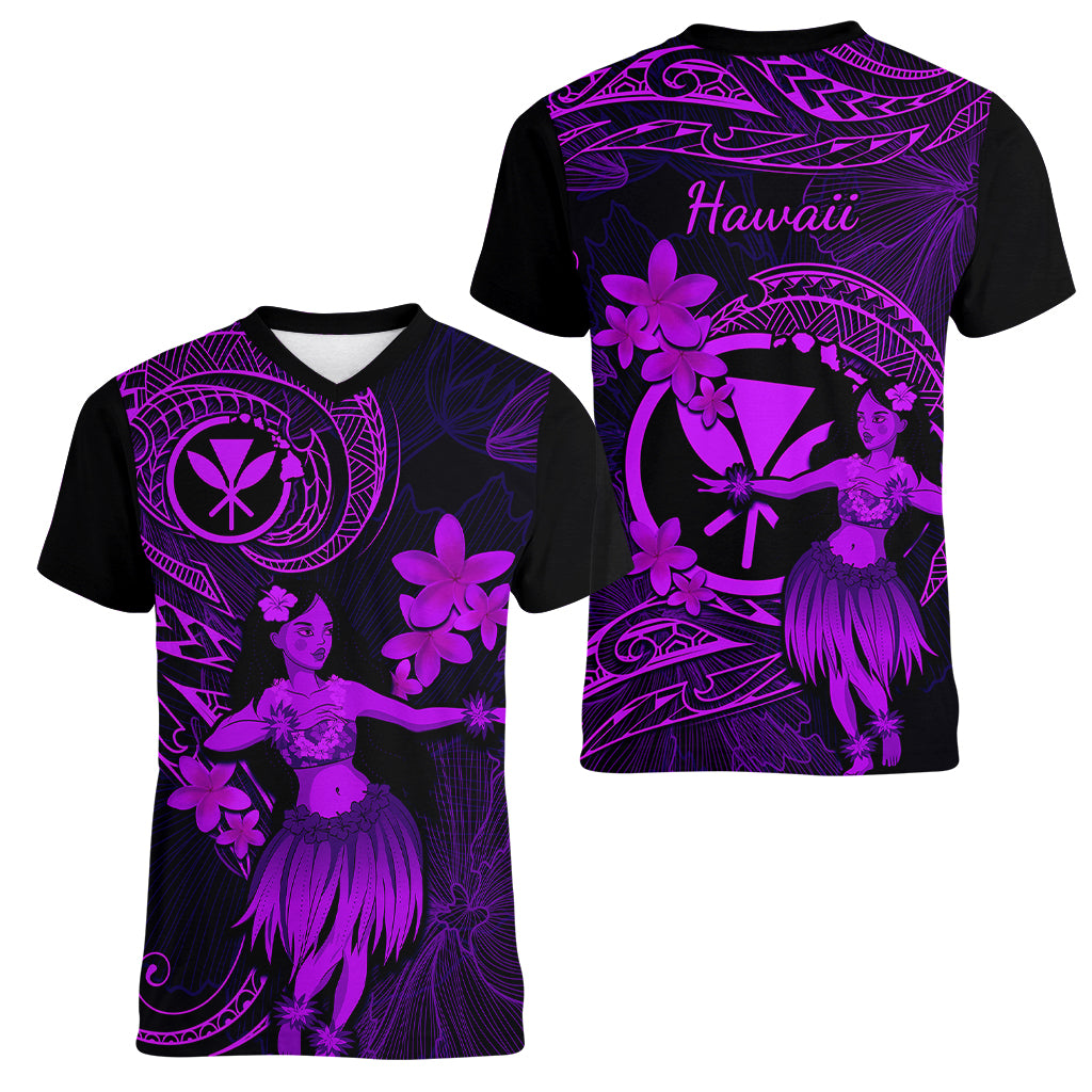 Hawaii Women V Neck T Shirt Hula Girl Mix Polynesian Plumeria Purple Version - Wonder Print Shop