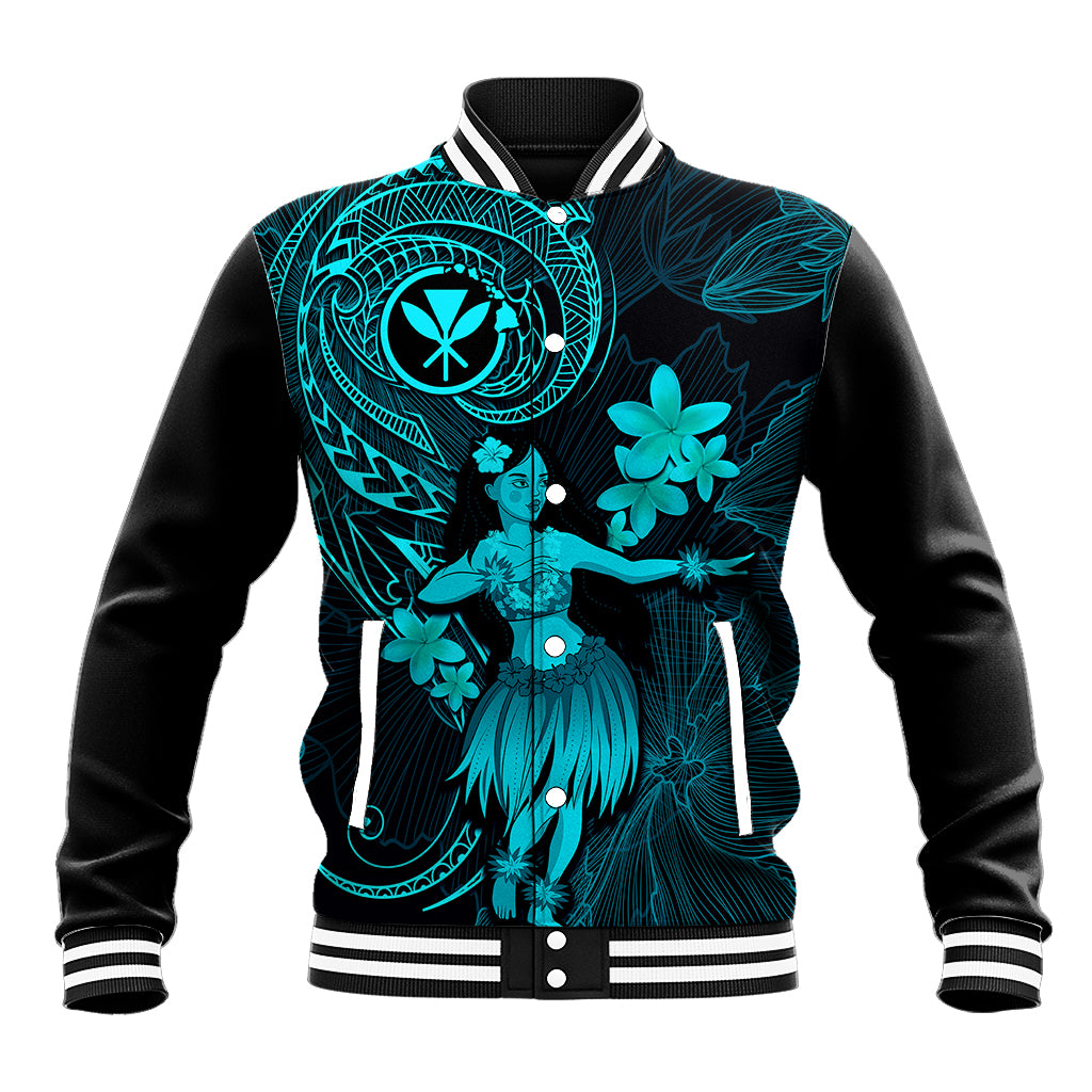 Hawaii Baseball Jacket Hula Girl Mix Polynesian Plumeria Turquoise Version - Wonder Print Shop