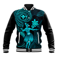 Hawaii Baseball Jacket Hula Girl Mix Polynesian Plumeria Turquoise Version - Wonder Print Shop